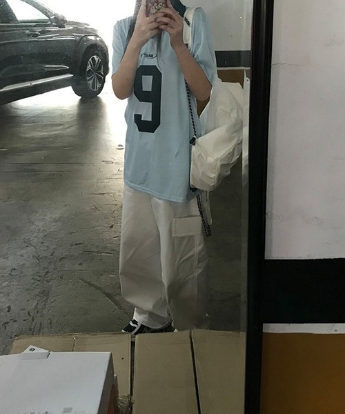 LYEON(リヨン)の「ナンバリングメッシュポロプルオーバー/オーバーサイズメッシュTシャツ/ユニフォームT(Tシャツ/カットソー・レディース・ブルー/オフホワイト・FREE)」の11枚目の写真