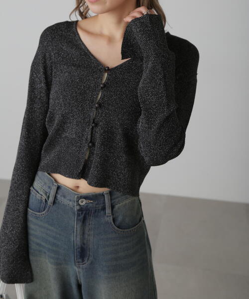 FREE'S MART（フリーズマート）の「◆Vネックラメリブニットカーディガン（ニット/セーター・レディース・ブラック/ベージュ/レッド/グレー・FREE）」の6枚目の写真