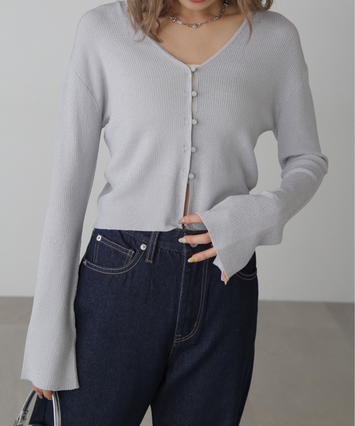 FREE'S MART（フリーズマート）の「◆Vネックラメリブニットカーディガン（ニット/セーター・レディース・ブラック/ベージュ/レッド/グレー・FREE）」の3枚目の写真