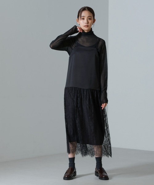 NANO universe（ナノユニバース）の「レース切り替えサテンキャミワンピース（ワンピース・レディース・ブラック/モカ・FREE）」の4枚目の写真