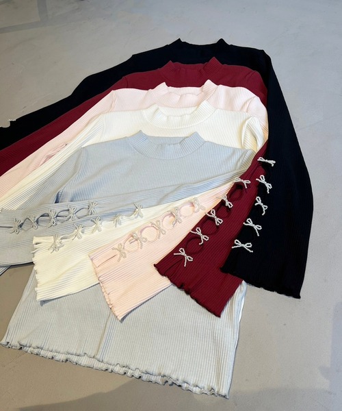 one after another NICE CLAUP(ワンアフターアナザーナイスクラップ)の「袖パールリボンテレコハイネック(Tシャツ/カットソー・レディース・レッド/アイボリー/ブラック/サックスブルー/ベビーピンク・FREE)」の20枚目の写真