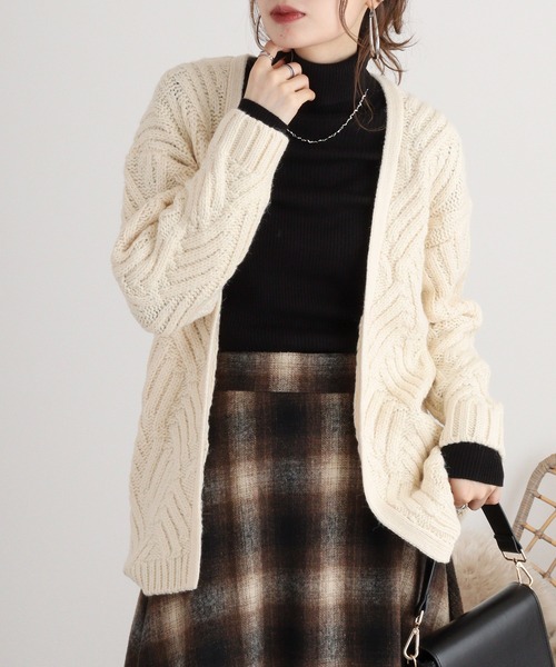 ウール混 ダイヤ柄トッパーカーディガン