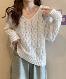 ケーブル編みニットトップス Vネック春秋