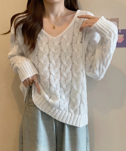 Miniministore(ミニミニストア)の「ケーブル編みニットトップス Vネック春秋(ニット/セーター・レディース・ベージュ/ラベンダー/ホワイト/モカ・FREE)」の2枚目の写真