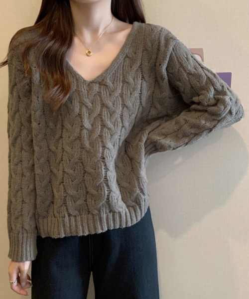 Miniministore(ミニミニストア)の「ケーブル編みニットトップス Vネック春秋(ニット/セーター・レディース・ベージュ/ラベンダー/ホワイト/モカ・FREE)」の3枚目の写真