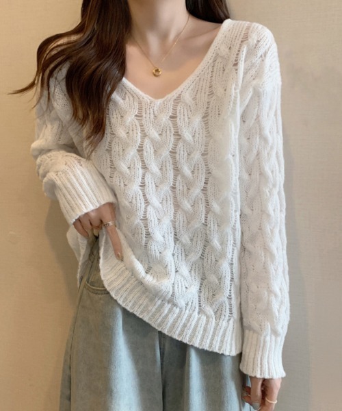 Miniministore(ミニミニストア)の「ケーブル編みニットトップス Vネック春秋(ニット/セーター・レディース・ベージュ/ラベンダー/ホワイト/モカ・FREE)」の5枚目の写真