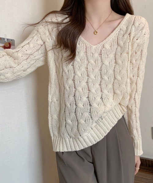 Miniministore(ミニミニストア)の「ケーブル編みニットトップス Vネック春秋(ニット/セーター・レディース・ベージュ/ラベンダー/ホワイト/モカ・FREE)」の8枚目の写真