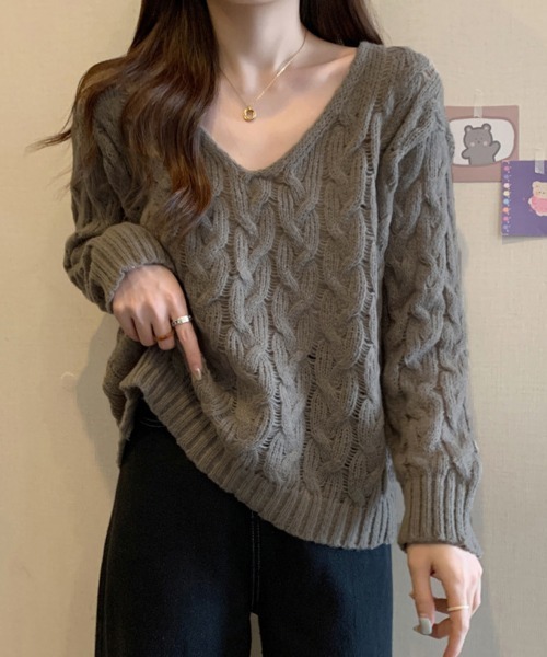 Miniministore(ミニミニストア)の「ケーブル編みニットトップス Vネック春秋(ニット/セーター・レディース・ベージュ/ラベンダー/ホワイト/モカ・FREE)」の9枚目の写真