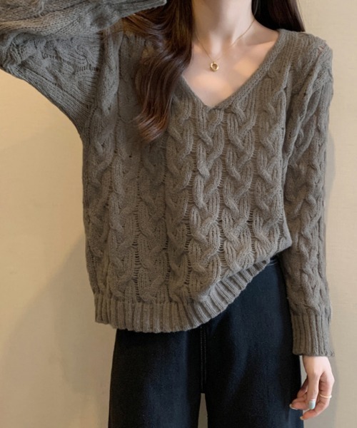 Miniministore(ミニミニストア)の「ケーブル編みニットトップス Vネック春秋(ニット/セーター・レディース・ベージュ/ラベンダー/ホワイト/モカ・FREE)」の10枚目の写真