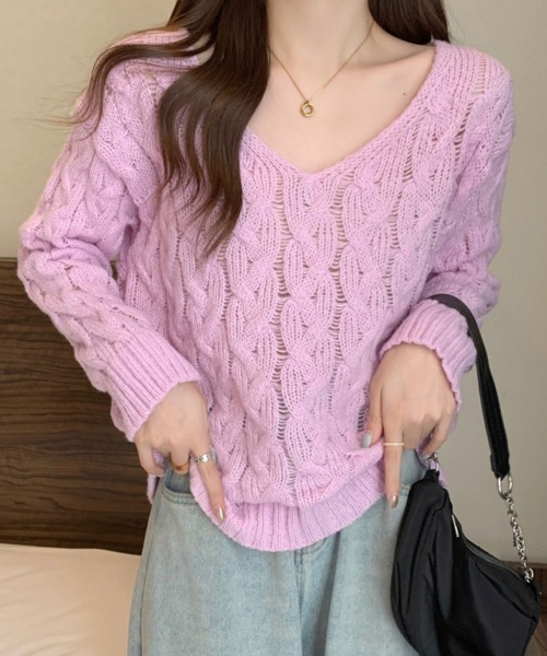 Miniministore(ミニミニストア)の「ケーブル編みニットトップス Vネック春秋(ニット/セーター・レディース・ベージュ/ラベンダー/ホワイト/モカ・FREE)」の11枚目の写真