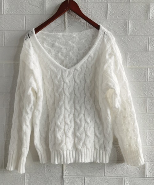 Miniministore(ミニミニストア)の「ケーブル編みニットトップス Vネック春秋(ニット/セーター・レディース・ベージュ/ラベンダー/ホワイト/モカ・FREE)」の15枚目の写真