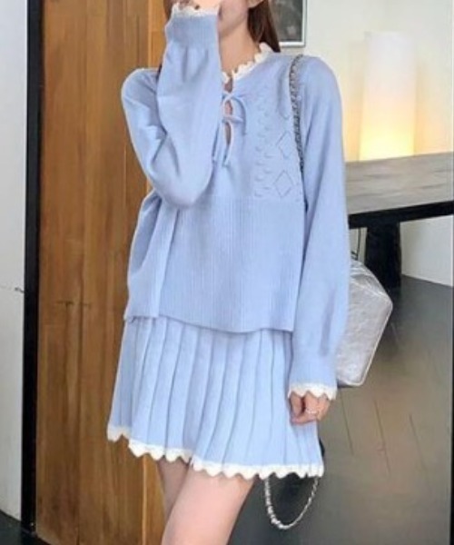 【セール】ヴィンテージスタイル リボン フリル ニットフーディ&プリーツミニスカート セットアップ（セットアップ）｜gossip！ロサンゼルス（ゴシップロサンゼルス）