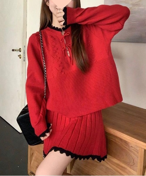 【セール】ヴィンテージスタイル リボン フリル ニットフーディ&プリーツミニスカート セットアップ（セットアップ）｜gossip！ロサンゼルス（ゴシップロサンゼルス）