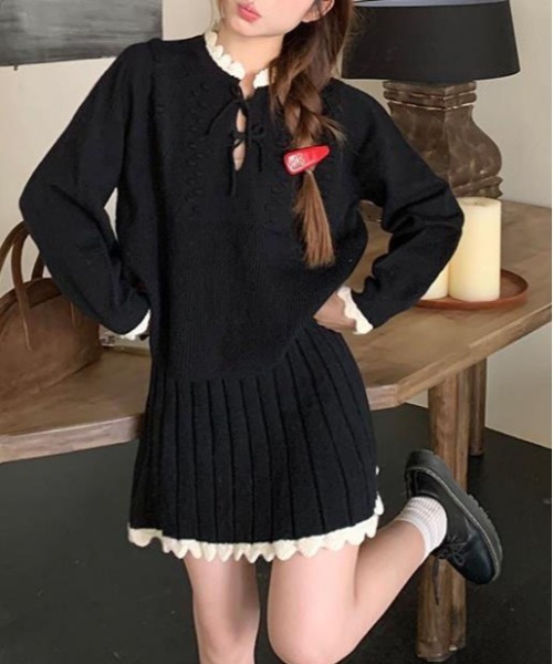 【セール】ヴィンテージスタイル リボン フリル ニットフーディ&プリーツミニスカート セットアップ（セットアップ）｜gossip！ロサンゼルス（ゴシップロサンゼルス）