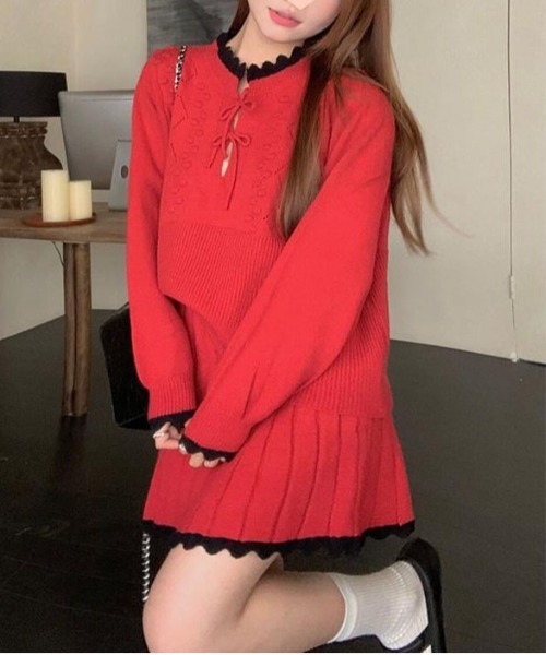 【セール】ヴィンテージスタイル リボン フリル ニットフーディ&プリーツミニスカート セットアップ（セットアップ）｜gossip！ロサンゼルス（ゴシップロサンゼルス）