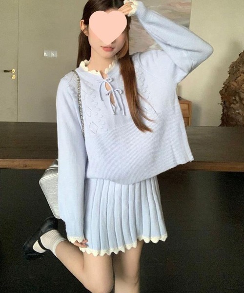 【セール】ヴィンテージスタイル リボン フリル ニットフーディ&プリーツミニスカート セットアップ（セットアップ）｜gossip！ロサンゼルス（ゴシップロサンゼルス）