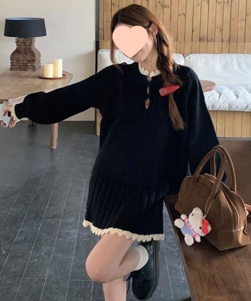 【セール】ヴィンテージスタイル リボン フリル ニットフーディ&プリーツミニスカート セットアップ（セットアップ）｜gossip！ロサンゼルス（ゴシップロサンゼルス）