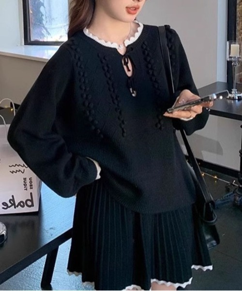 【セール】ヴィンテージスタイル リボン フリル ニットフーディ&プリーツミニスカート セットアップ（セットアップ）｜gossip！ロサンゼルス（ゴシップロサンゼルス）