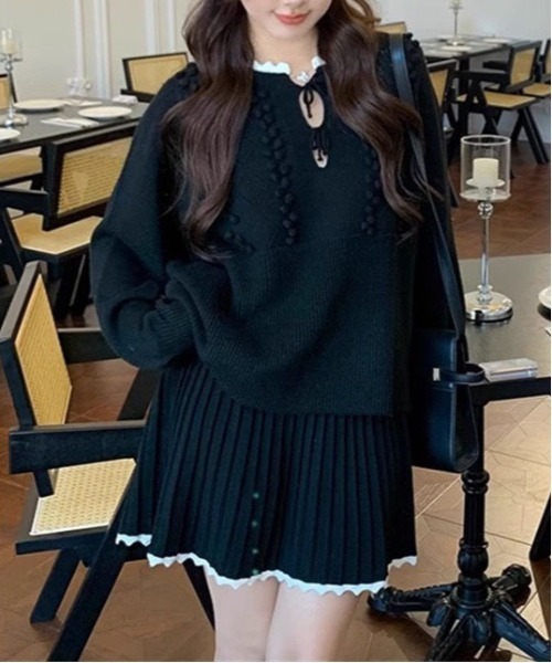 【セール】ヴィンテージスタイル リボン フリル ニットフーディ&プリーツミニスカート セットアップ（セットアップ）｜gossip！ロサンゼルス（ゴシップロサンゼルス）