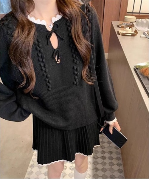 【セール】ヴィンテージスタイル リボン フリル ニットフーディ&プリーツミニスカート セットアップ（セットアップ）｜gossip！ロサンゼルス（ゴシップロサンゼルス）