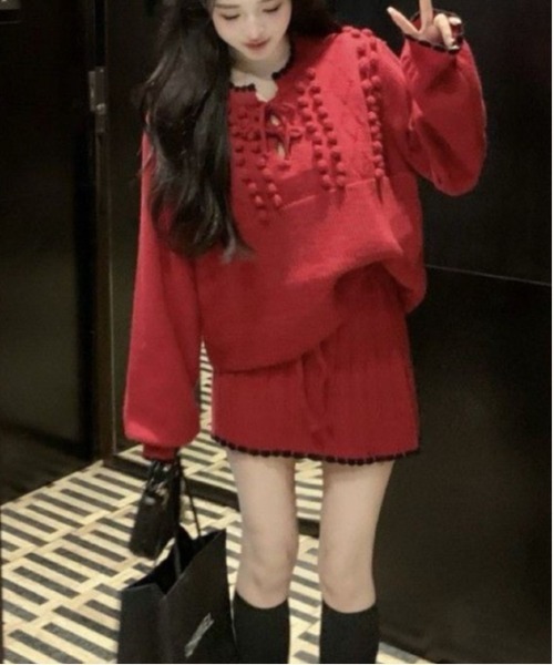 【セール】ヴィンテージスタイル リボン フリル ニットフーディ&プリーツミニスカート セットアップ（セットアップ）｜gossip！ロサンゼルス（ゴシップロサンゼルス）