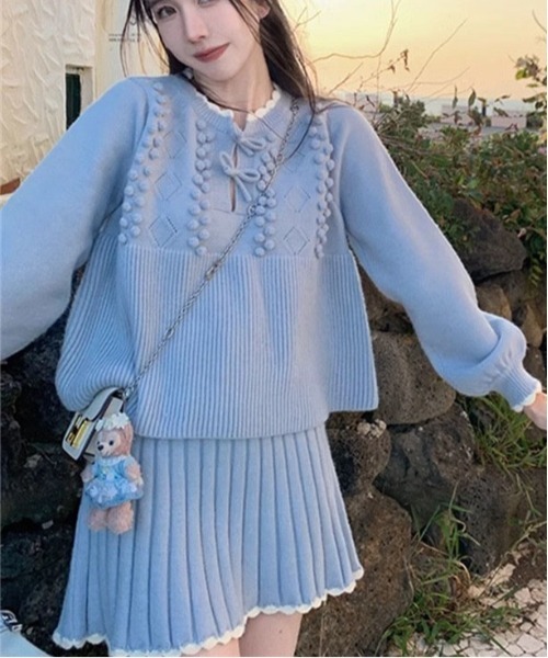 【セール】ヴィンテージスタイル リボン フリル ニットフーディ&プリーツミニスカート セットアップ（セットアップ）｜gossip！ロサンゼルス（ゴシップロサンゼルス）