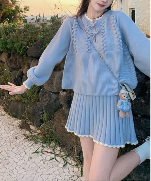 【セール】ヴィンテージスタイル リボン フリル ニットフーディ&プリーツミニスカート セットアップ（セットアップ）｜gossip！ロサンゼルス（ゴシップロサンゼルス）