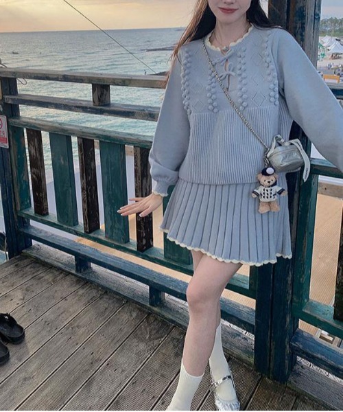 【セール】ヴィンテージスタイル リボン フリル ニットフーディ&プリーツミニスカート セットアップ（セットアップ）｜gossip！ロサンゼルス（ゴシップロサンゼルス）