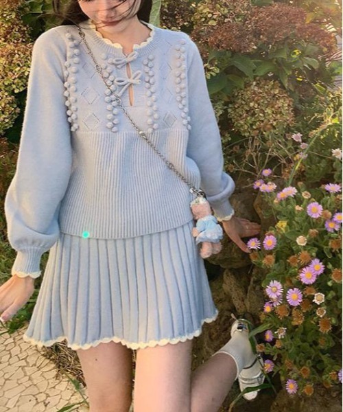 【セール】ヴィンテージスタイル リボン フリル ニットフーディ&プリーツミニスカート セットアップ（セットアップ）｜gossip！ロサンゼルス（ゴシップロサンゼルス）