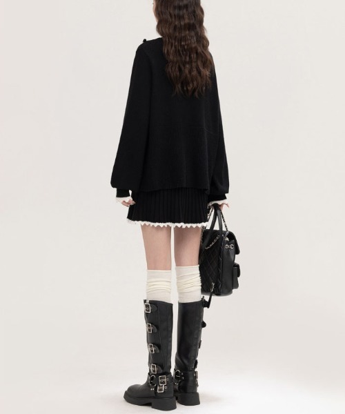 【セール】ヴィンテージスタイル リボン フリル ニットフーディ&プリーツミニスカート セットアップ（セットアップ）｜gossip！ロサンゼルス（ゴシップロサンゼルス）