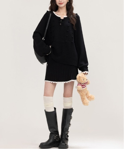 【セール】ヴィンテージスタイル リボン フリル ニットフーディ&プリーツミニスカート セットアップ（セットアップ）｜gossip！ロサンゼルス（ゴシップロサンゼルス）