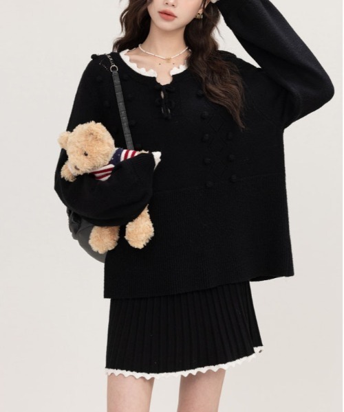 【セール】ヴィンテージスタイル リボン フリル ニットフーディ&プリーツミニスカート セットアップ（セットアップ）｜gossip！ロサンゼルス（ゴシップロサンゼルス）