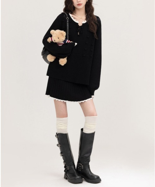 【セール】ヴィンテージスタイル リボン フリル ニットフーディ&プリーツミニスカート セットアップ（セットアップ）｜gossip！ロサンゼルス（ゴシップロサンゼルス）