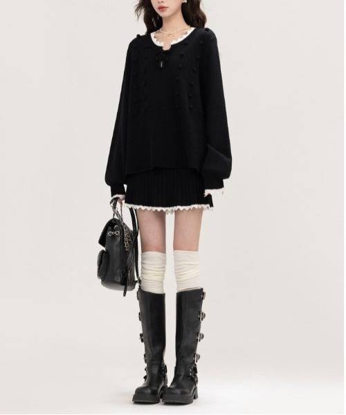 【セール】ヴィンテージスタイル リボン フリル ニットフーディ&プリーツミニスカート セットアップ（セットアップ）｜gossip！ロサンゼルス（ゴシップロサンゼルス）