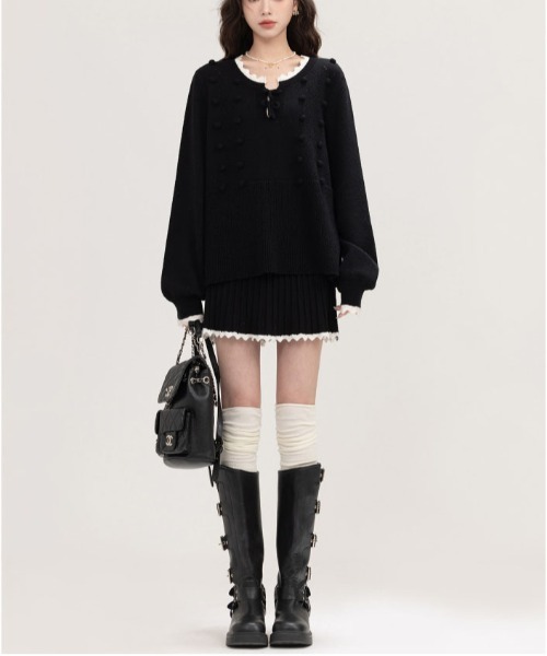 【セール】ヴィンテージスタイル リボン フリル ニットフーディ&プリーツミニスカート セットアップ（セットアップ）｜gossip！ロサンゼルス（ゴシップロサンゼルス）