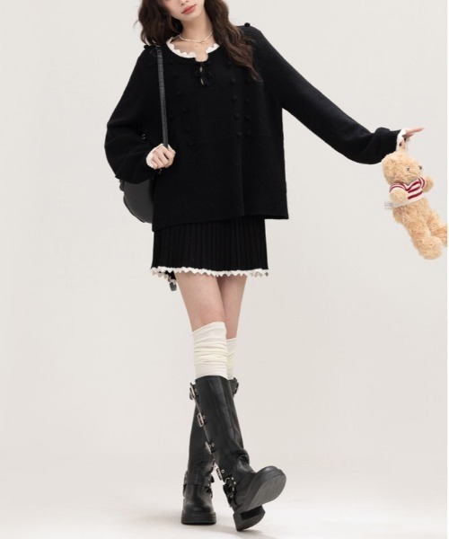 【セール】ヴィンテージスタイル リボン フリル ニットフーディ&プリーツミニスカート セットアップ（セットアップ）｜gossip！ロサンゼルス（ゴシップロサンゼルス）