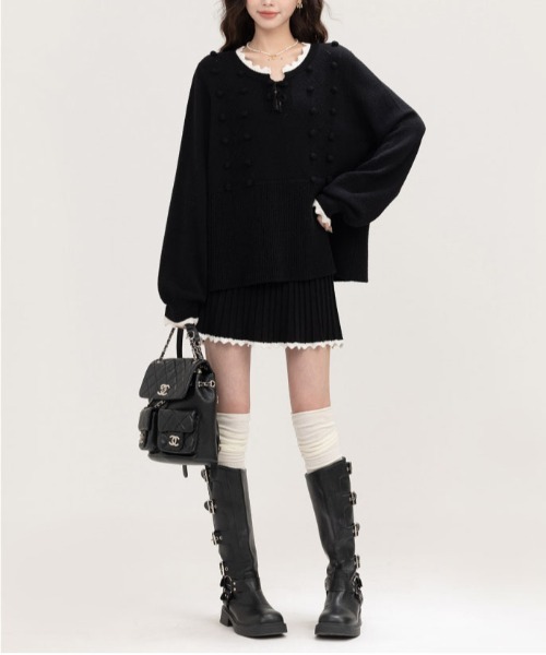 【セール】ヴィンテージスタイル リボン フリル ニットフーディ&プリーツミニスカート セットアップ（セットアップ）｜gossip！ロサンゼルス（ゴシップロサンゼルス）