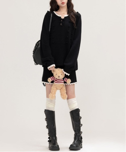 【セール】ヴィンテージスタイル リボン フリル ニットフーディ&プリーツミニスカート セットアップ（セットアップ）｜gossip！ロサンゼルス（ゴシップロサンゼルス）