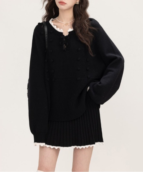 【セール】ヴィンテージスタイル リボン フリル ニットフーディ&プリーツミニスカート セットアップ（セットアップ）｜gossip！ロサンゼルス（ゴシップロサンゼルス）