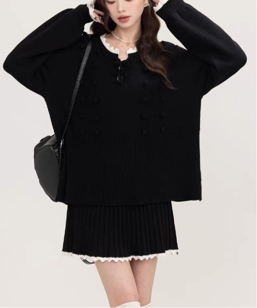【セール】ヴィンテージスタイル リボン フリル ニットフーディ&プリーツミニスカート セットアップ（セットアップ）｜gossip！ロサンゼルス（ゴシップロサンゼルス）