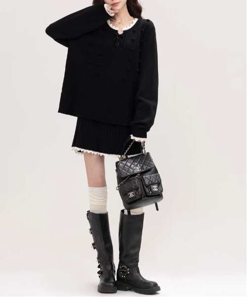 【セール】ヴィンテージスタイル リボン フリル ニットフーディ&プリーツミニスカート セットアップ（セットアップ）｜gossip！ロサンゼルス（ゴシップロサンゼルス）