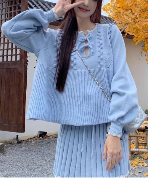 【セール】ヴィンテージスタイル リボン フリル ニットフーディ&プリーツミニスカート セットアップ（セットアップ）｜gossip！ロサンゼルス（ゴシップロサンゼルス）