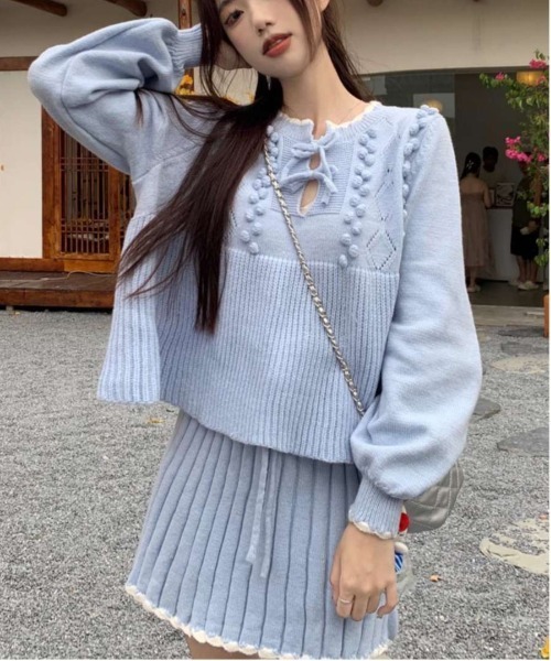 【セール】ヴィンテージスタイル リボン フリル ニットフーディ&プリーツミニスカート セットアップ（セットアップ）｜gossip！ロサンゼルス（ゴシップロサンゼルス）