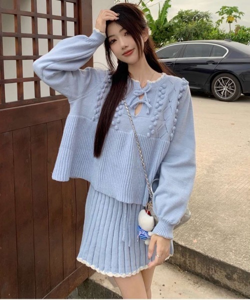 【セール】ヴィンテージスタイル リボン フリル ニットフーディ&プリーツミニスカート セットアップ（セットアップ）｜gossip！ロサンゼルス（ゴシップロサンゼルス）