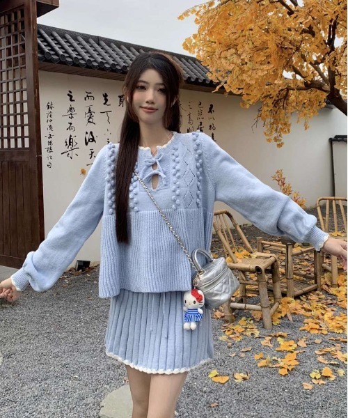 【セール】ヴィンテージスタイル リボン フリル ニットフーディ&プリーツミニスカート セットアップ（セットアップ）｜gossip！ロサンゼルス（ゴシップロサンゼルス）