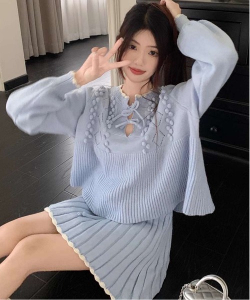 【セール】ヴィンテージスタイル リボン フリル ニットフーディ&プリーツミニスカート セットアップ（セットアップ）｜gossip！ロサンゼルス（ゴシップロサンゼルス）