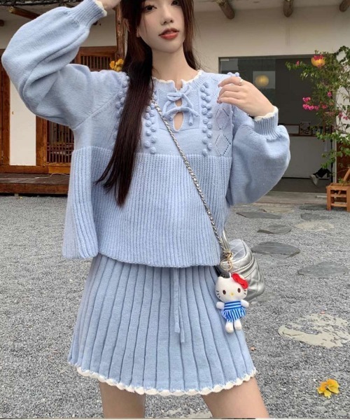 【セール】ヴィンテージスタイル リボン フリル ニットフーディ&プリーツミニスカート セットアップ（セットアップ）｜gossip！ロサンゼルス（ゴシップロサンゼルス）