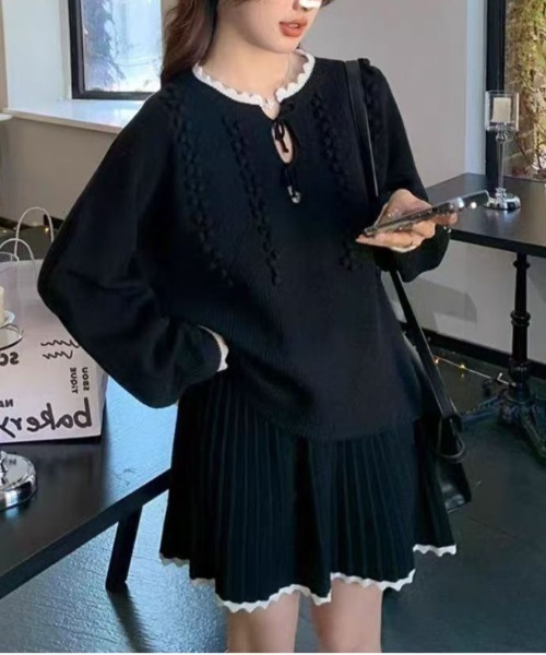 【セール】ヴィンテージスタイル リボン フリル ニットフーディ&プリーツミニスカート セットアップ（セットアップ）｜gossip！ロサンゼルス（ゴシップロサンゼルス）