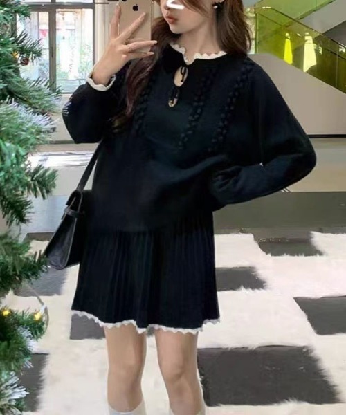 【セール】ヴィンテージスタイル リボン フリル ニットフーディ&プリーツミニスカート セットアップ（セットアップ）｜gossip！ロサンゼルス（ゴシップロサンゼルス）