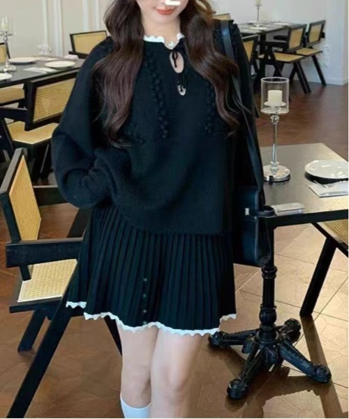 【セール】ヴィンテージスタイル リボン フリル ニットフーディ&プリーツミニスカート セットアップ（セットアップ）｜gossip！ロサンゼルス（ゴシップロサンゼルス）